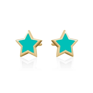 Close-up of gold-plated star earrings with turquoise enamel inlay and clear reflections