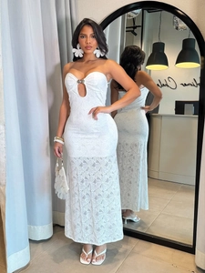 White lace backless maxi dress with metal buckle detail and sheer hollow-out design