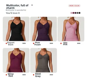 Detail view of seamless halter yoga tank tops in five colors with ruched V-neckline