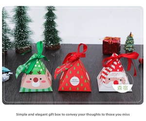 Three-piece set of triangular Christmas candy boxes with elk, Santa, and tree designs