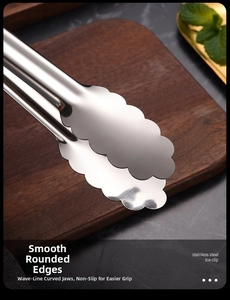 Close-up of stainless steel food tongs featuring non-slip scalloped edges and polished finish