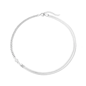 Silver rhombic pendant double-layer necklace with Cuban and snake chain combo
