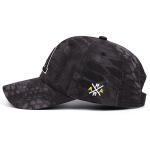 Camouflage baseball cap with custom letter embroidery in a classic 6-panel outdoor style