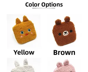 Close-up of plush sanitary bag showing yellow, coffee, white and pink animal designs