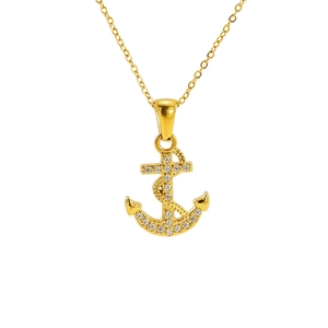 Luxueux collier pendentif ancre plaqué or orné de cristaux de zircone cubique micro-pavés