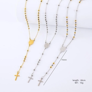 Detailed specs of rosary necklaces in gold, silver, and two-tone with cross pendant