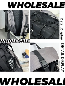 Detail view of water-resistant honeycomb fabric and buckles on grey outdoor sports backpack