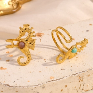 Exquisite 18K gold plated seahorse open ring with purple and turquoise bead accents