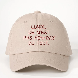 Beige cotton baseball cap with red LUNDI CE N'EST text print and adjustable strap