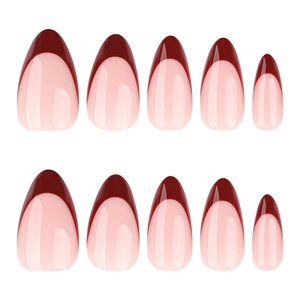 Glossy burgundy French tip almond shaped press-on nails with pale pink base set of ten