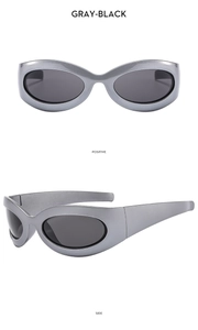 Close-up of Y2K oval sunglasses in silver-gray frame with dark lenses and wide temples