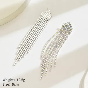 Detail of colorful rhinestone waterfall earrings with 9cm length and 12.5g weight info