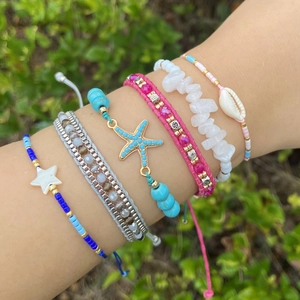 Bohemian Hand Woven Bracelet With Alloy Starfish Natural Stone Shell Beads Adjustable Beach Vacation Jewelry For Women