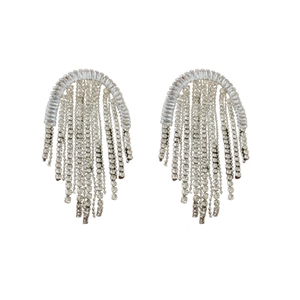Silver fringe tassel earrings with geometric zircon studs and sparkling crystal chains