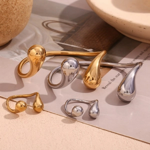 Minimalist Stainless Steel Double Waterdrop Open Bangle Adjustable Gold Silver Plated Water Drop Ring Set Fashion Jewelry Women