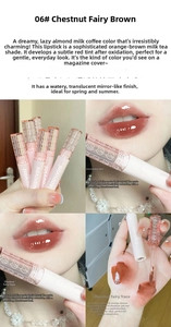 Glossy water mirror lip glaze 06 shade with close-up of application and arm swatches