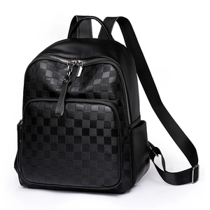 Classic black checkered leather backpack for women with silver zippers and large capacity