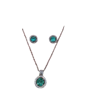 Green zircon halo necklace and stud earrings set in rose gold plating with round cut stones