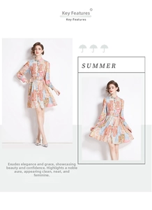 Detail of elegant long sleeve dress with colorful geometric patterns and waist belt