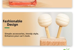 Macro view of car air vent aroma diffuser with wood base and glass bottle detail