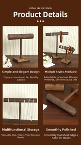 Detail presentation of dark brown wooden T-bar jewelry stands with natural wood grain texture