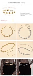 Detailed view of bohemian metal waist chain with butterfly turquoise accents in gold and silver