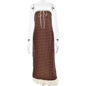 Brown polka dot strapless satin dress with bow detail and white ruffle hem