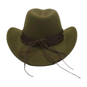 Detailansicht des dunkelgrünen Western-Cowboyhuts mit braunem Lederband und Metallnieten