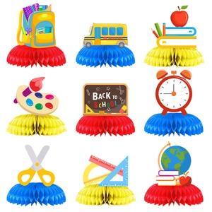 9pcs Back to School themed honeycomb centerpieces featuring school bus and stationery designs