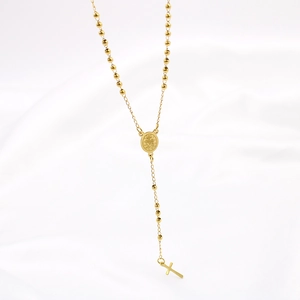 Elegant 18K gold long rosary necklace with cross pendant on white silk background