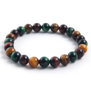 Polished natural tiger eye stone beaded bracelet with gradient red yellow green hues
