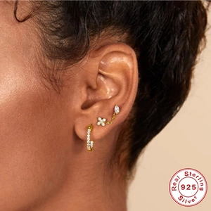 925 Sterling Silver evil eye and snake stud earring set with diamonds for cartilage piercing