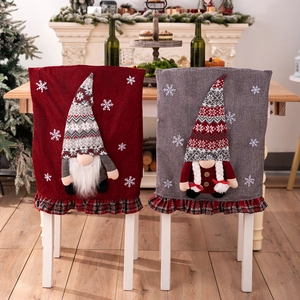 Christmas Gnome Chair Back Covers Linen Fabric Snowflake Embroidery Ruffled Plaid Trim Holiday Dining Decor Nordic