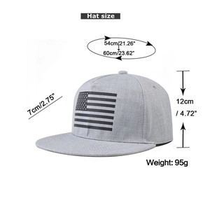 Flat brim snapback hat showing detailed measurements and American flag embroidery