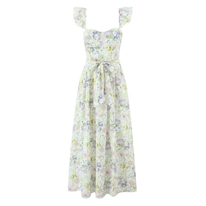 Robe Maxi Fleurie Française Avec Bretelles À Volants Nœud À La Taille Et Baleines Robe D'Été Sexy Pour Femmes