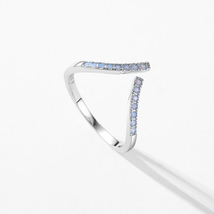 Minimalist S925 sterling silver open ring with light blue opal v-shape design