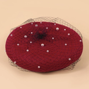 Elegant wine red wool beret with white pearls and black mesh veil for women