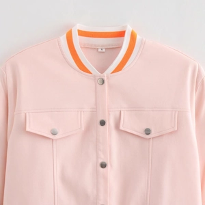 Short pink cropped jacket with orange striped collar and metallic buttons