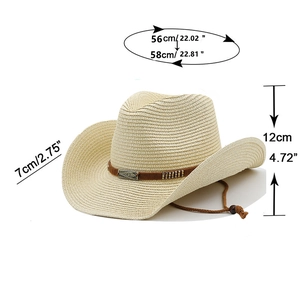 Detail of straw cowboy hat dimensions showing brim width, crown height, and head size