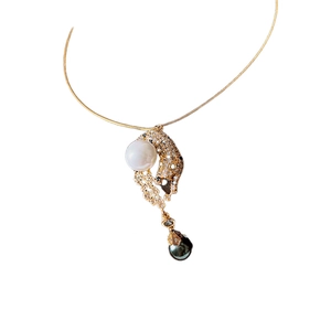 Golden leopard necklace with zircon diamonds, large white pearl and black pear drop