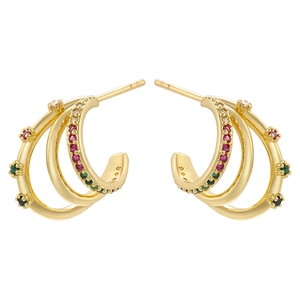 Three-layer C-shaped gold-plated stud earrings with colorful zircon stones on white background