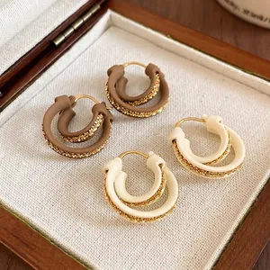 18k gold plated double hoop earrings in matte brown and beige with chain details