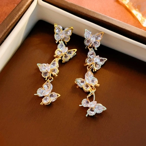 Butterfly Tassel Dangle Earrings Gold Plated Copper With Sparkling Zircon And 925 Sterling Silver Earring Post For Women