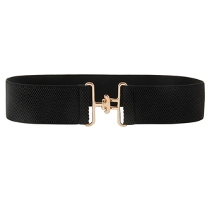 Women's 5cm elastic waist belt with gold H-shaped buckle for dresses and suits