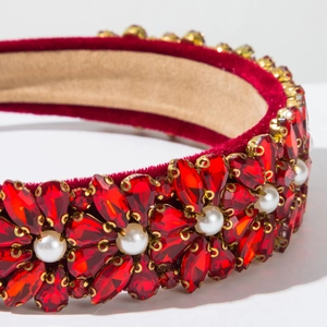 Baroque red velvet headband with ruby crystals and white pearls for elegant parties