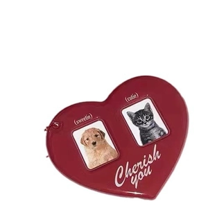 Red heart-shaped photocard holder keychain for couple photos with sweetie cutie text
