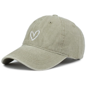 Retro washed cotton baseball cap in khaki with heart embroidery and curved brim