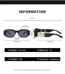 Detailed size chart for black rectangle sunglasses with golden lion head temple emblem