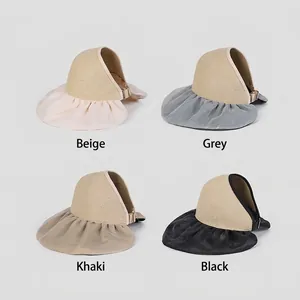 Women's foldable organza wide brim sun visor hat in beige, grey, khaki and black colors