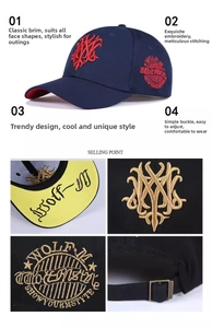 Detail view of navy baseball cap featuring 3D gold embroidery and metal buckle